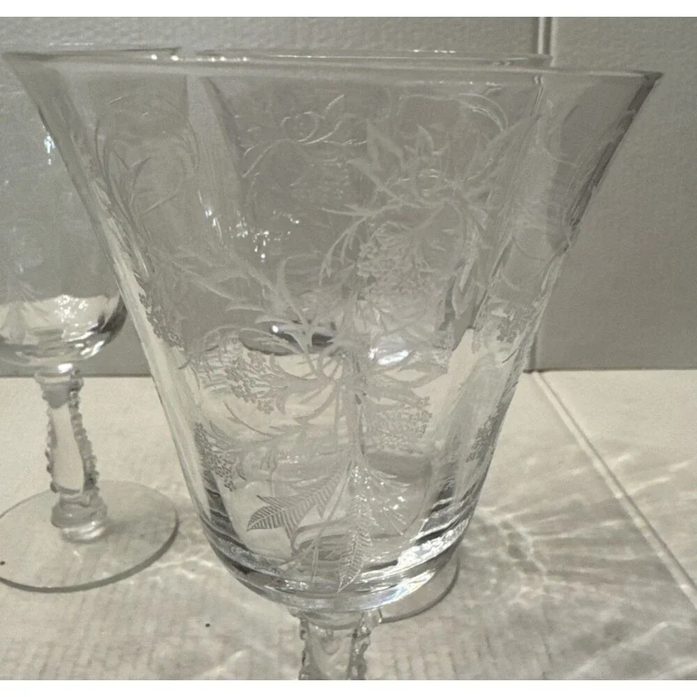 Fostoria Heather Crystal Etched Champagne Goblets Wine Glasses (Set of 4) 7.25